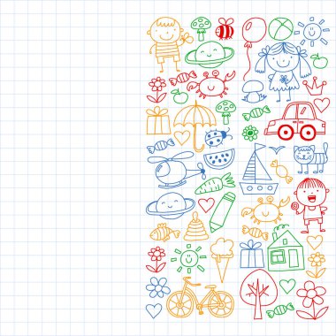 Sevimli küçük çocuklar oynar. Anaokulu, eğitim, spor. Desenler, afişler, posterler için çocuk ve oyuncaklar Simgeleri.