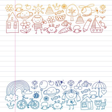 Sevimli küçük çocuklar oynar. Anaokulu, eğitim, spor. Desenler, afişler, posterler için çocuk ve oyuncaklar Simgeleri.