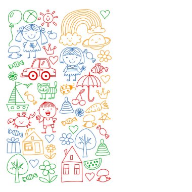 Sevimli küçük çocuklar oynar. Anaokulu, eğitim, spor. Desenler, afişler, posterler için çocuk ve oyuncaklar Simgeleri.