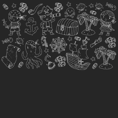 Korsan partisi. Küçük çocuklar için çizimler. Hazine adası, ahtapot, korsanlar ile Çocuk doğum günü kutlaması