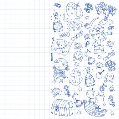 Korsan partisi. Küçük çocuklar için çizimler. Hazine adası, ahtapot, korsanlar ile Çocuk doğum günü kutlaması