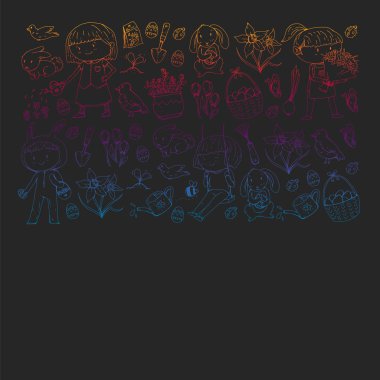 Paskalya ve bahar elemanları ile vektör deseni. Sepette yumurta, tavşan, çiçekler, kuşlar