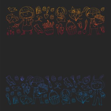 Paskalya ve bahar elemanları ile vektör deseni. Sepette yumurta, tavşan, çiçekler, kuşlar