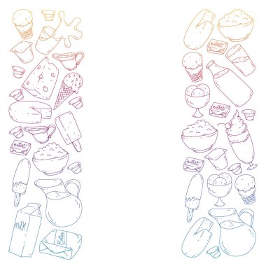 Süt, tereyağı, süzme peynir, ekşi krema, peynir, yoğurt, dondurma, krema simgeleri ile Vektör desen. Süt ürünlerinin toplanması.