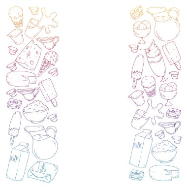 Süt, tereyağı, süzme peynir, ekşi krema, peynir, yoğurt, dondurma, krema simgeleri ile Vektör desen. Süt ürünlerinin toplanması.