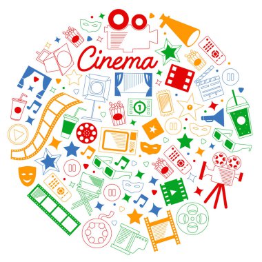 Sinema simgeleri ile vektör deseni. Sinema, Tv, patlamış mısır, video klipler, müzikal