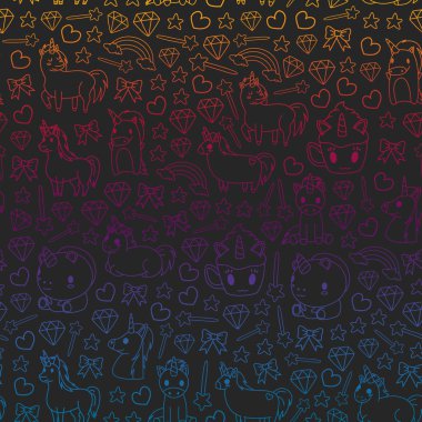 Çocuk giysileri, posterler, afişler, gömlekler için masal unicors ile Çocuk desen. Çizgi film karakteri ile vektör görüntüsü.