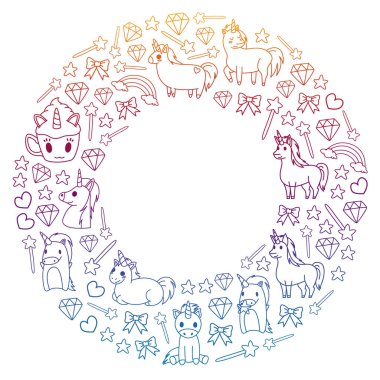 Çocuk giysileri, posterler, afişler, gömlekler için masal unicors ile Çocuk desen. Çizgi film karakteri ile vektör görüntüsü.