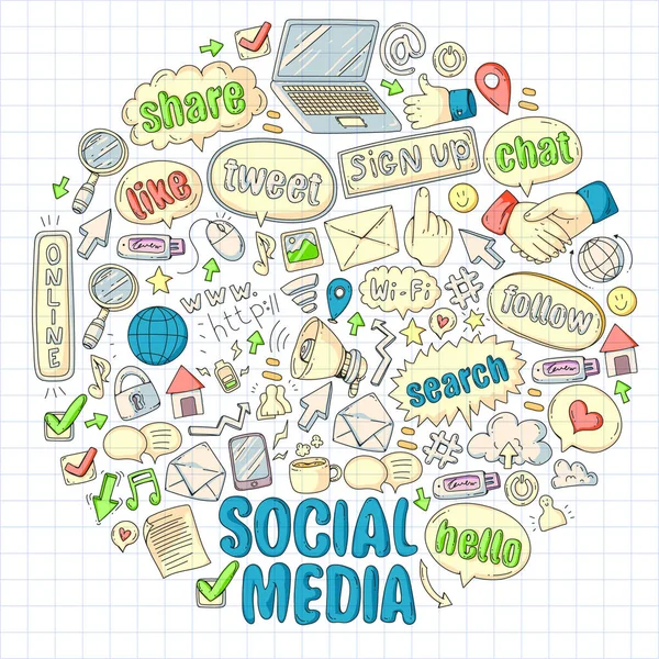 Redes sociales, negocios, vectores de gestión de iconos. Marketing en Internet, comunicaciones . — Vector de stock