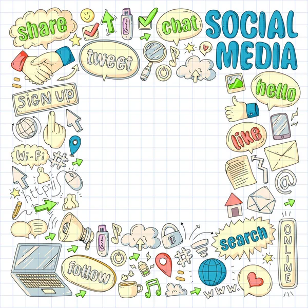 Redes sociales, negocios, vectores de gestión de iconos. Marketing en Internet, comunicaciones . — Vector de stock