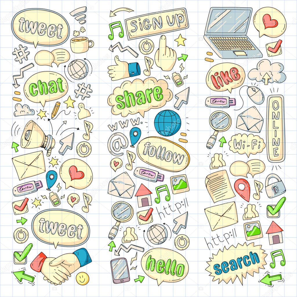 Social media, business, management vector icons. Internet marketing, communications.