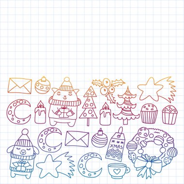 Hediyeler, Sevimli karikatür hayvanlar ile kağıt sarma için kış Noel vektör deseni. Yeni yıl kutlama.