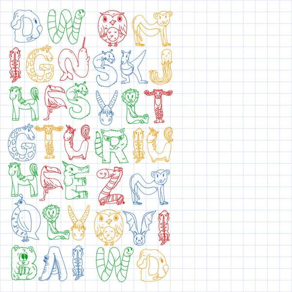 Dierlijke alfabet. Dierentuin alfabet. Brieven van A tot Z. cartoon schattige dieren. Olifant, hond, Flamingo, Giraffe, paard, Alligator, Beer, kat. — Stockvector
