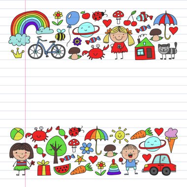 Sevimli küçük çocuklar oynar. Anaokulu, eğitim, spor. Desenler, afişler, posterler için çocuk ve oyuncaklar Simgeleri.