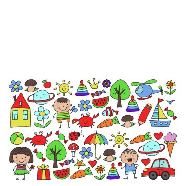 Sevimli küçük çocuklar oynar. Anaokulu, eğitim, spor. Desenler, afişler, posterler için çocuk ve oyuncaklar Simgeleri.