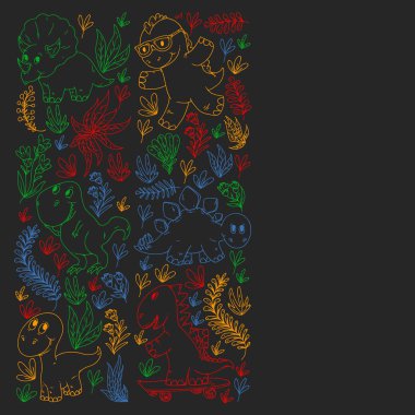 Desen çocuk kumaş, tekstil, kreş duvar kağıdı. Vektör illüstrasyon. El çizilmiş dinozorlar, küçük çocuklar için dino.