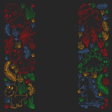 Desen çocuk kumaş, tekstil, kreş duvar kağıdı. Vektör illüstrasyon. El çizilmiş dinozorlar, küçük çocuklar için dino.