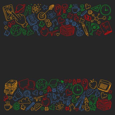 Okula geri dön. Vektör simgeleri ve küçük çocuklar için öğeleri, kolej, online kurslar. Doodle tarzı, çocuk çizim