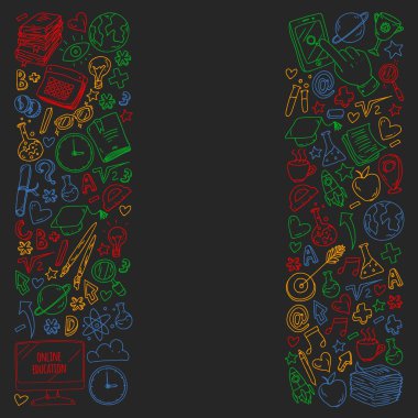 Okula geri dön. Vektör simgeleri ve küçük çocuklar için öğeleri, kolej, online kurslar. Doodle tarzı, çocuk çizim