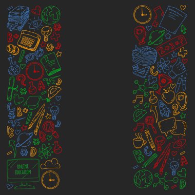 Okula geri dön. Vektör simgeleri ve küçük çocuklar için öğeleri, kolej, online kurslar. Doodle tarzı, çocuk çizim