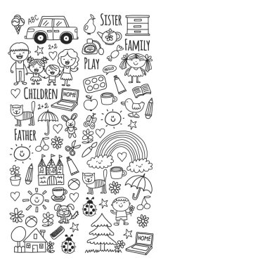 Aile ile desen. Küçük çocukları olan anne ve baba ve ev eşyaları. Ebeveynleri olan kızlar ve erkekler. Anaokulu illüstrasyon.