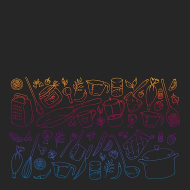 Gıda ve mutfak utencil ile Desen. Yemek sınıfı, restoran için menü, mağazalar için afişler