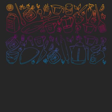 Gıda ve mutfak utencil ile Desen. Yemek sınıfı, restoran için menü, mağazalar için afişler