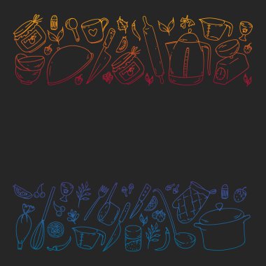 Gıda ve mutfak utencil ile Desen. Yemek sınıfı, restoran için menü, mağazalar için afişler