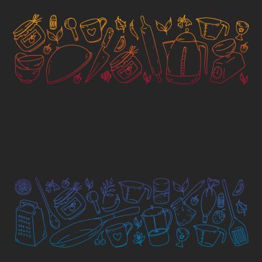 Gıda ve mutfak utencil ile Desen. Yemek sınıfı, restoran için menü, mağazalar için afişler