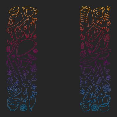 Gıda ve mutfak utencil ile Desen. Yemek sınıfı, restoran için menü, mağazalar için afişler