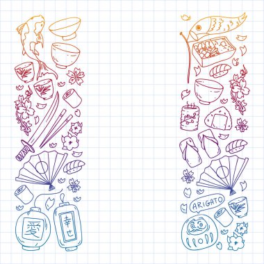 Japonya. Japon geleneksel öğeleri ile vektör desen. Fuji Dağı, sacura çiçekler, origami.