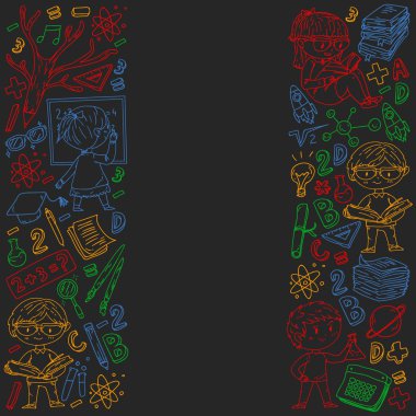 Okula geri dön. Vektör simgeleri ve küçük çocuklar için öğeleri, kolej, online kurslar. Doodle tarzı, çocuk çizim