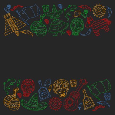 Meksika 'ya seyahat. Vektör duvar kağıtları, arka planlar için etnik elemets ile ayarlayın. Ölü günü