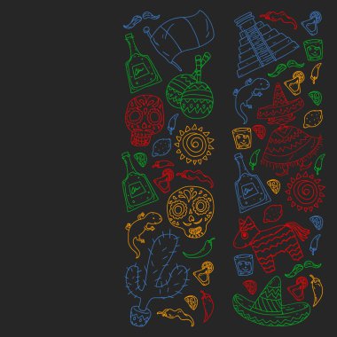 Meksika 'ya seyahat. Vektör duvar kağıtları, arka planlar için etnik elemets ile ayarlayın. Ölü günü