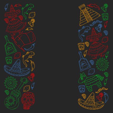 Meksika 'ya seyahat. Vektör duvar kağıtları, arka planlar için etnik elemets ile ayarlayın. Ölü günü