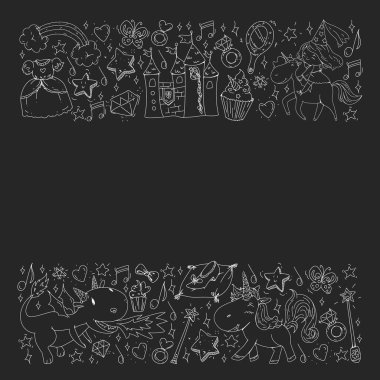 Peri prensesi ve sihirli tek boynuzlu atlar. Küçük anaokulu çocukları için sihirli kedilerin, atların, köpeklerin taşıyıcı deseni.