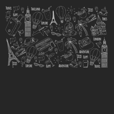 Seyahat simgeleriyle vektör deseni. Harika tatiller, tatiller. Sıcak hava balonu, bavul. Maceralar ve seyahat.