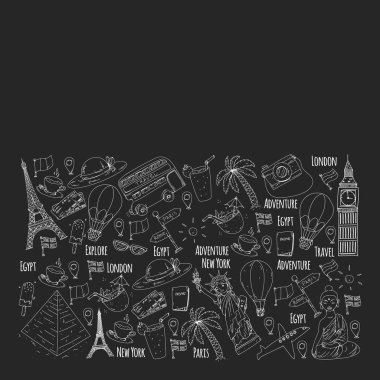 Seyahat simgeleriyle vektör deseni. Harika tatiller, tatiller. Sıcak hava balonu, bavul. Maceralar ve seyahat.