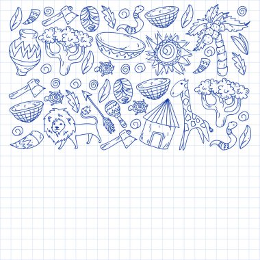 Afiş ve posterler için Vektör afrika kabile desen. Hayvanların simgeleri ve çocuklar için geleneksel unsurlar kumaş, giysi, tekstil. Seyahat ve macera