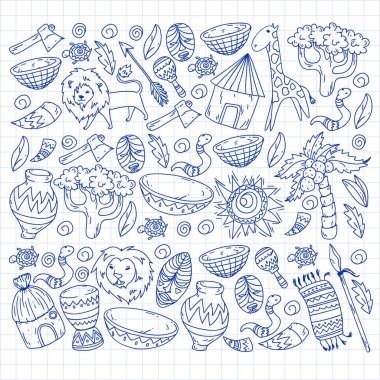 Afiş ve posterler için Vektör afrika kabile desen. Hayvanların simgeleri ve çocuklar için geleneksel unsurlar kumaş, giysi, tekstil. Seyahat ve macera