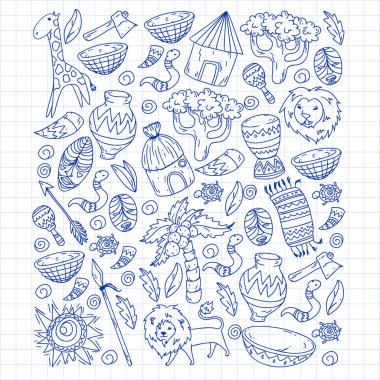 Afiş ve posterler için Vektör afrika kabile desen. Hayvanların simgeleri ve çocuklar için geleneksel unsurlar kumaş, giysi, tekstil. Seyahat ve macera