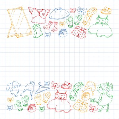 Çocuk kıyafetleri. Bebekler için arka plan, çocuk kalıpları.