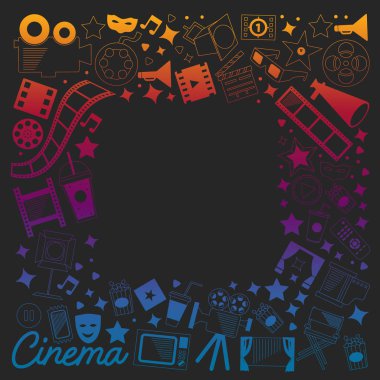 Sinema simgeleri ile vektör deseni. Sinema, Tv, patlamış mısır, video klipler, müzikal