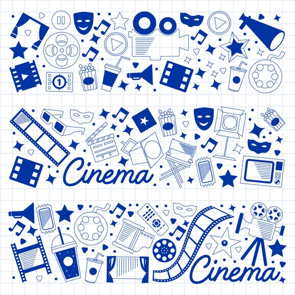 Patrón vectorial con iconos de cine. Cine, Televisión, palomitas de maíz, videoclips, musical — Archivo Imágenes Vectoriales