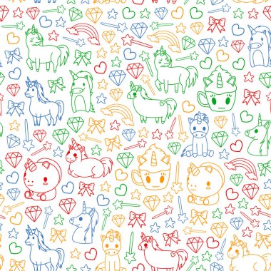 Çocuk giysileri, posterler, afişler, gömlekler için masal unicors ile Çocuk desen. Çizgi film karakteri ile vektör görüntüsü.