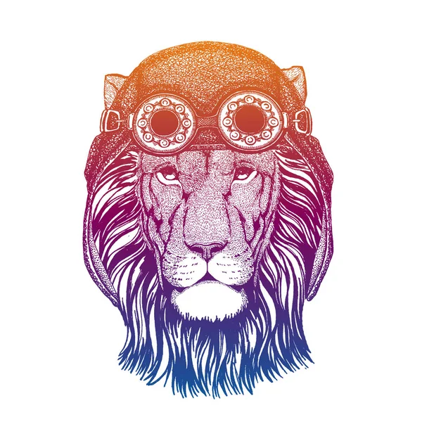 Chat sauvage, lion portant un casque vintage en cuir d'aviateur. Image dans un style rétro. Club de pilotage ou emblème motocycliste. Illustration vectorielle, imprimé pour tee-shirt, patch logo badge — Image vectorielle