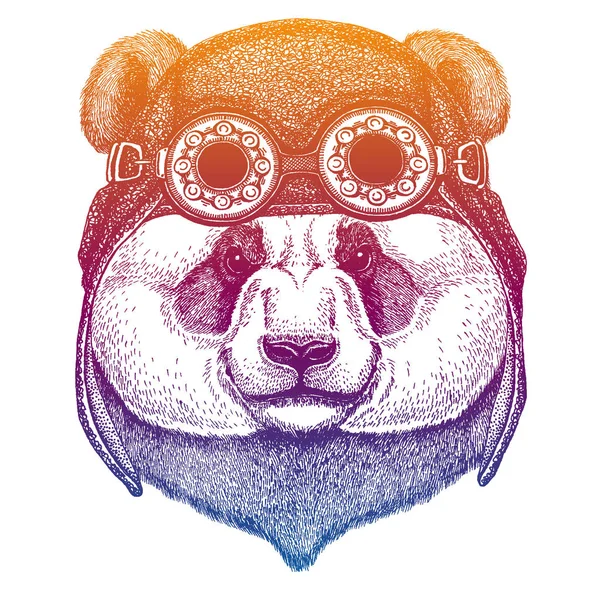 Panda, urso de bambu usando capacete de couro aviador vintage. Imagem em estilo retrô. Clube voador ou motociclista emblema. Ilustração do vetor, impressão para camiseta, emblema logotipo patch — Vetor de Stock