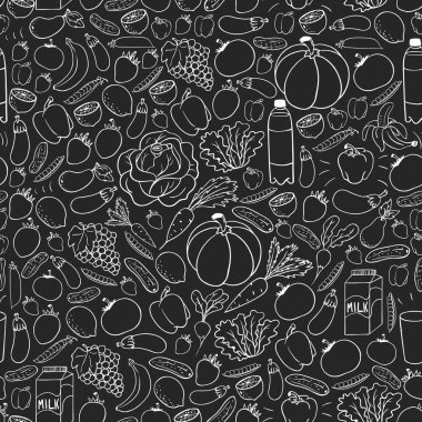 Sağlıklı gıda ile vektör deseni. Meyve ve sebzeler. Süt, süt ürünleri. Mağaza, alışveriş merkezi, menü, kafe, restoran için desen.
