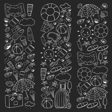 Vektör deseni. Yaz tatilleri. Seyahat ve maceralar. Plaj, okyanus, ada, güneş