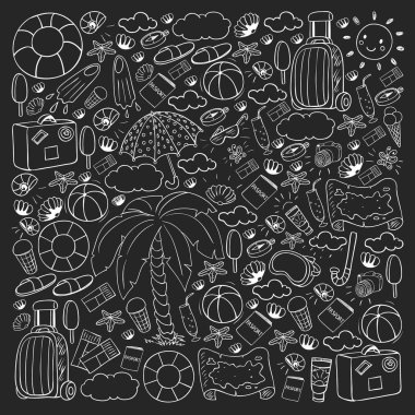 Vektör deseni. Yaz tatilleri. Seyahat ve maceralar. Plaj, okyanus, ada, güneş